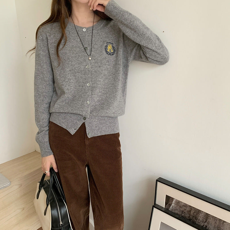 College Style Badge Embroidered Knitted Cardigan for Women