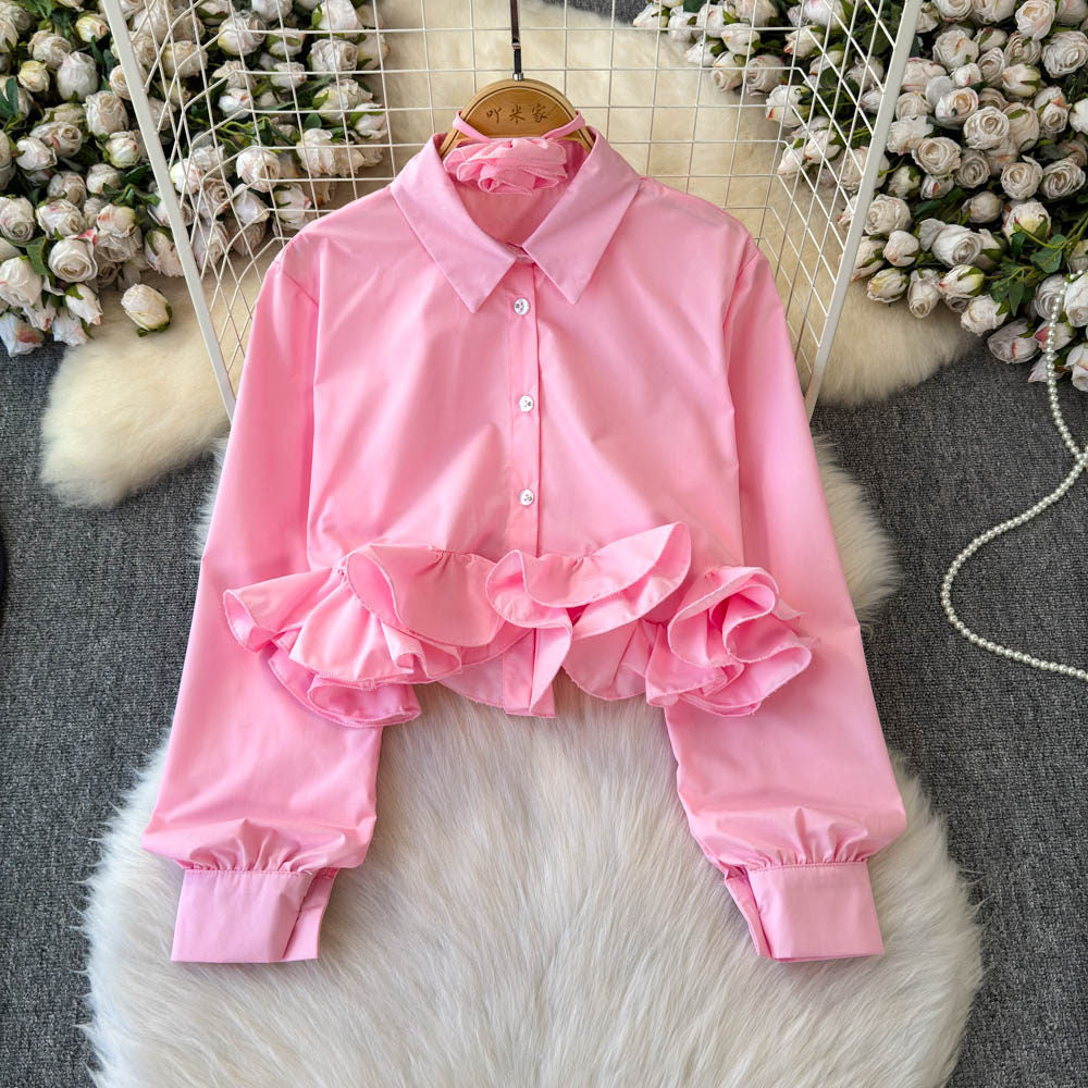 Solid Color Ruffled Edge Blouse for Women