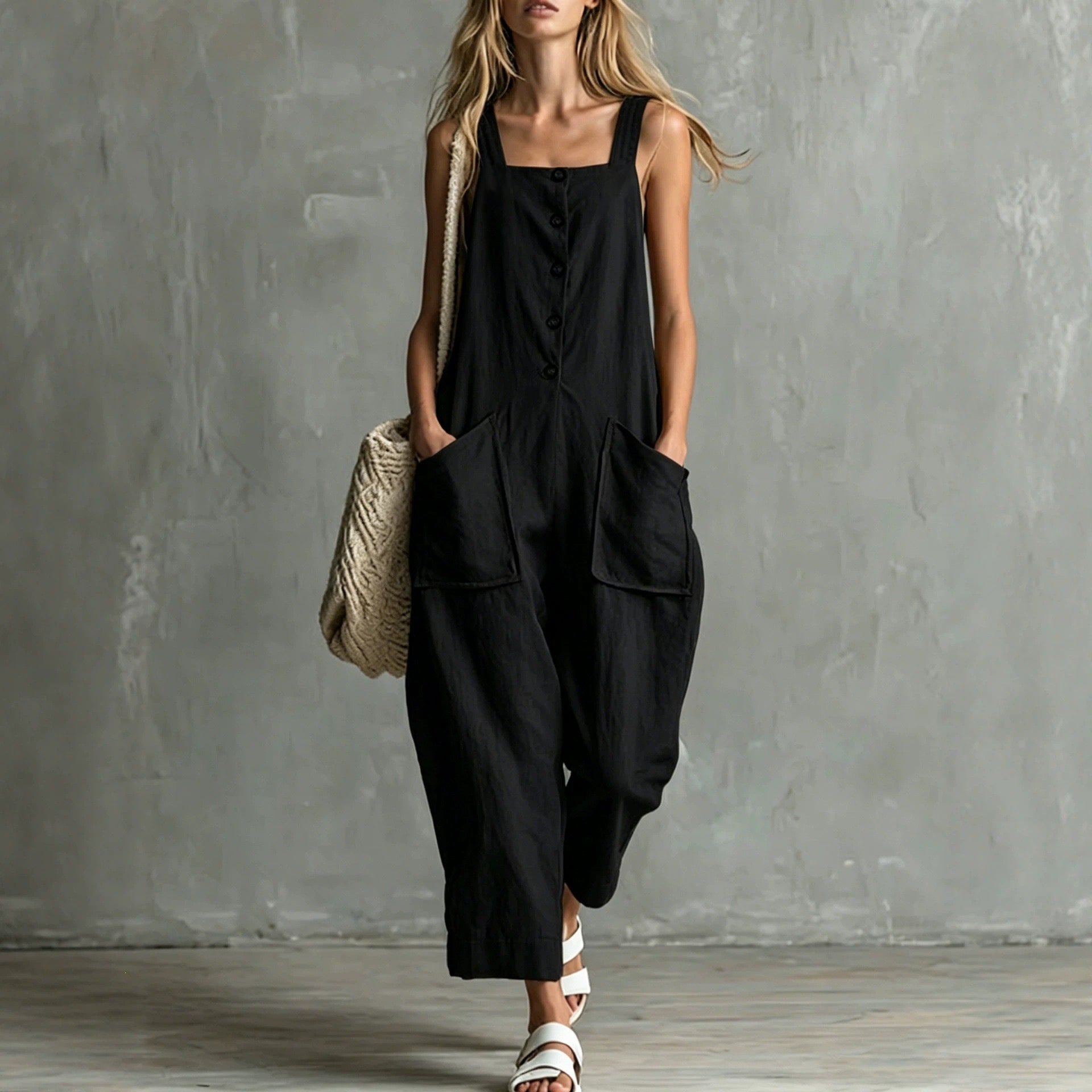 Wide-Leg Linen Overalls with Pockets