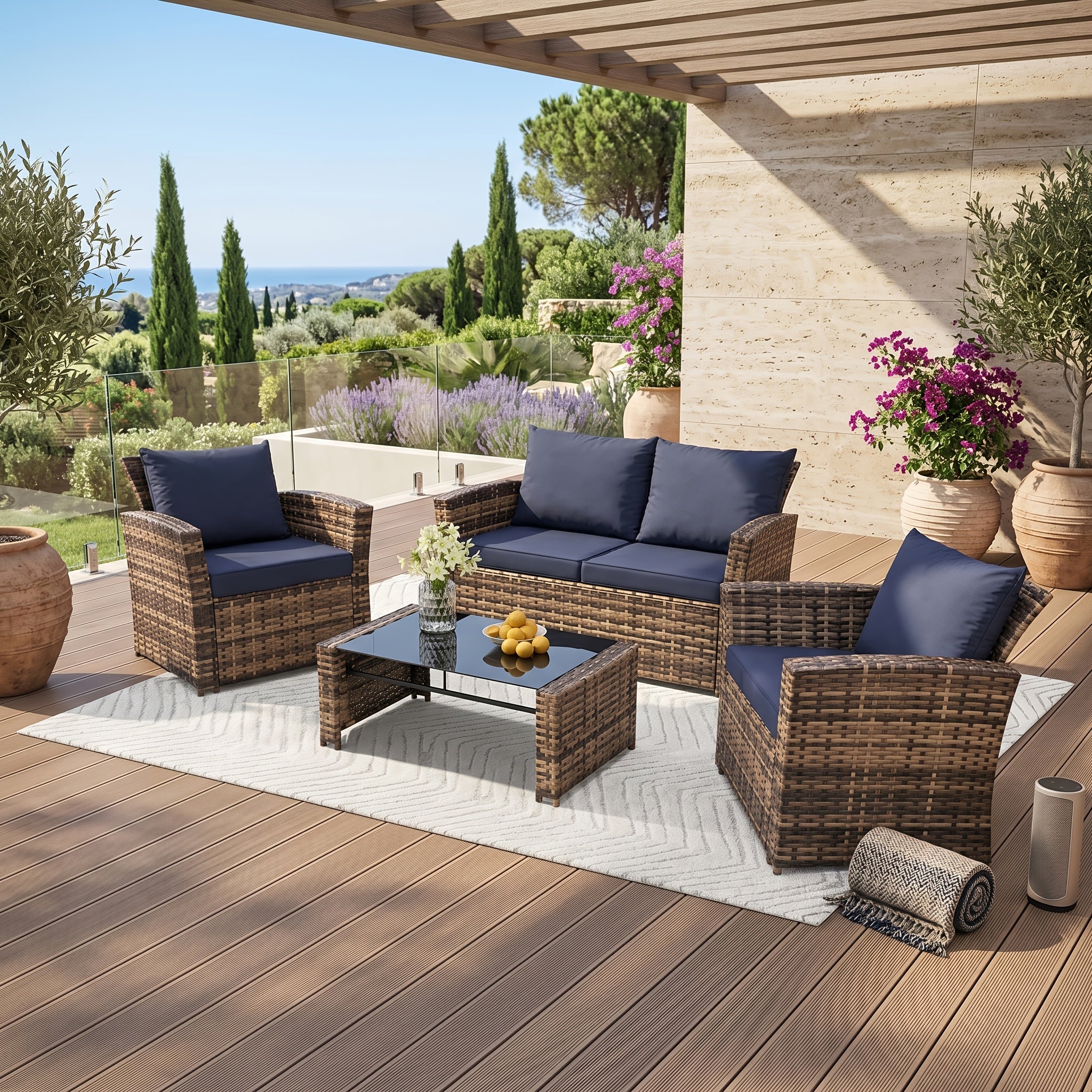 4pcs Outdoor Patio Furniture Set, Wicker Patio Furniture Sets with Deeper Seating Outdoor Rattan Conversation Sets with Sectional Patio Sofa And Loveseat & Coffee Table for Outside, Garden, Balcony, Porch