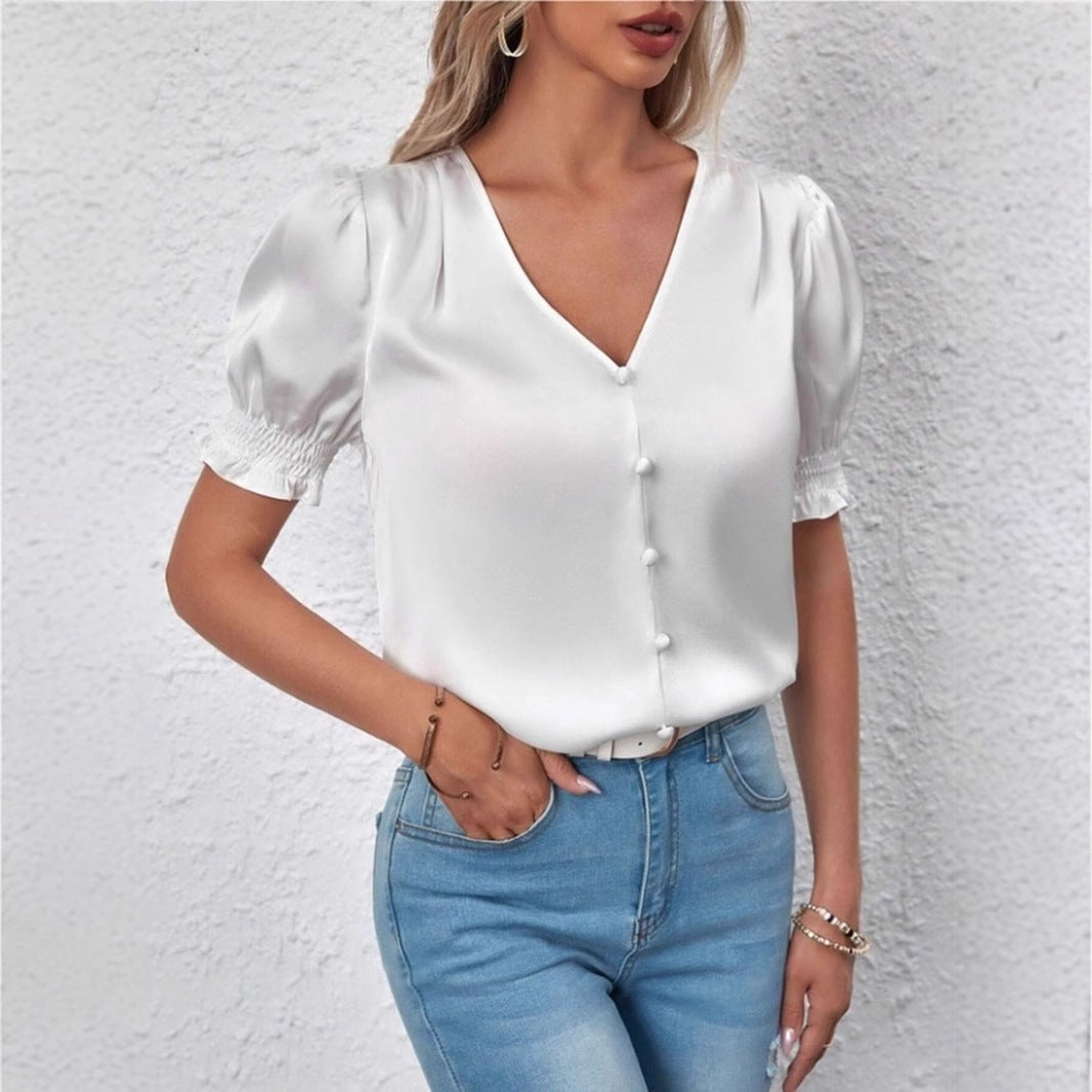 Satin V‑Neck Ruffle Blouse with Button Detail – Short‑Sleeve