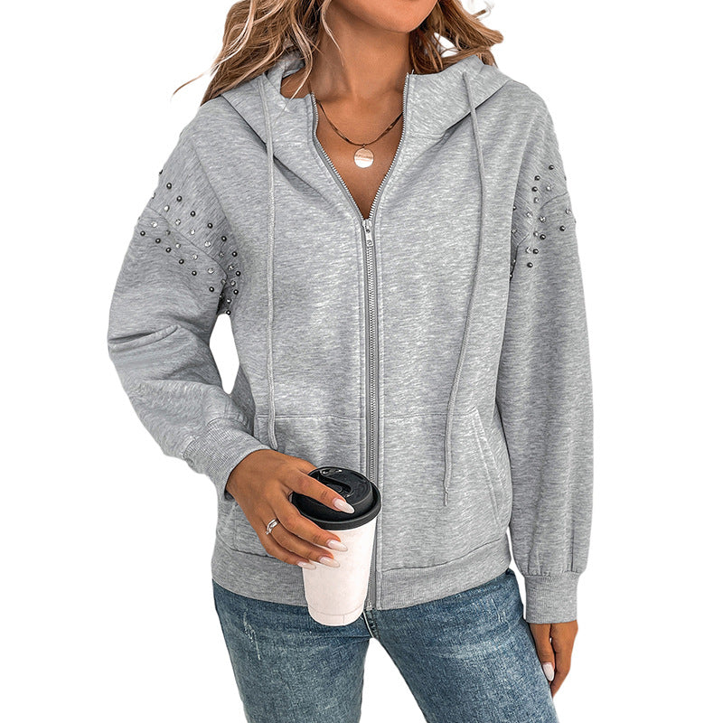 Chic Rivet Hooded Long Sleeve Sweater for Women