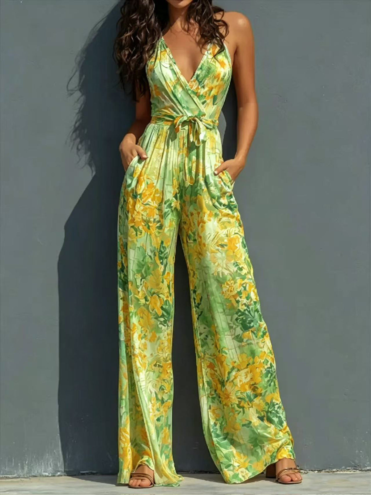 Women's Halter Deep-V Floral Wide-Leg Jumpsuit