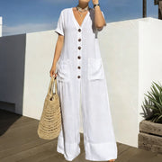 Plus Size Casual V-Neck Button Wide-Leg Jumpsuit