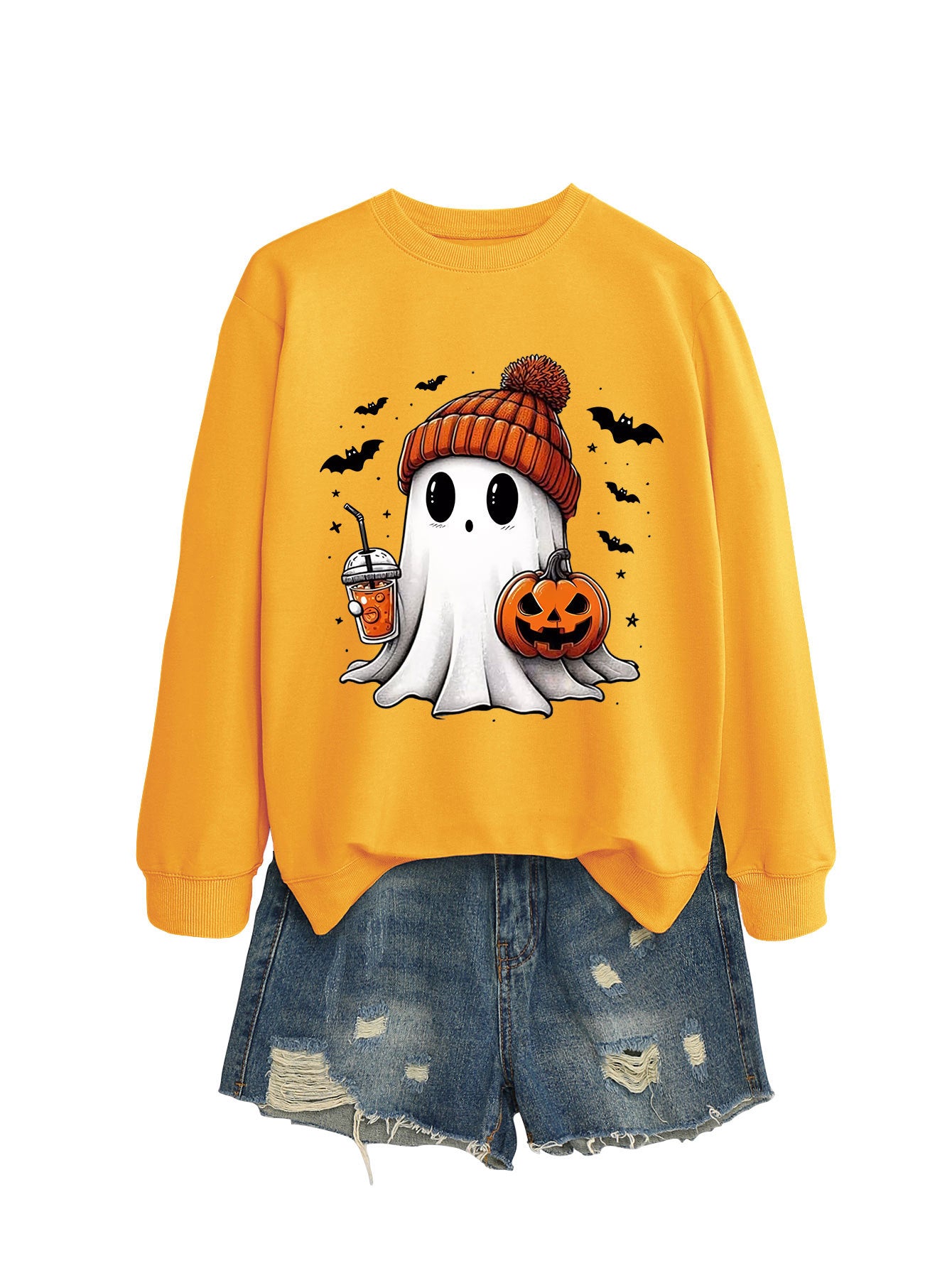 Pumpkin Print Long Sleeve Crew Neck Sweatshirt