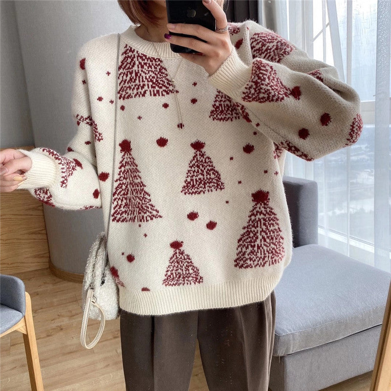 Christmas Sweater Round Neck Long Sleeved Pullover Knitted Jacket for Women