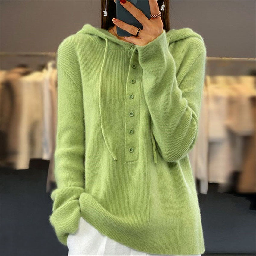 Solid-color Long-sleeve Hooded Knitted Pullover with Drawstring for Women