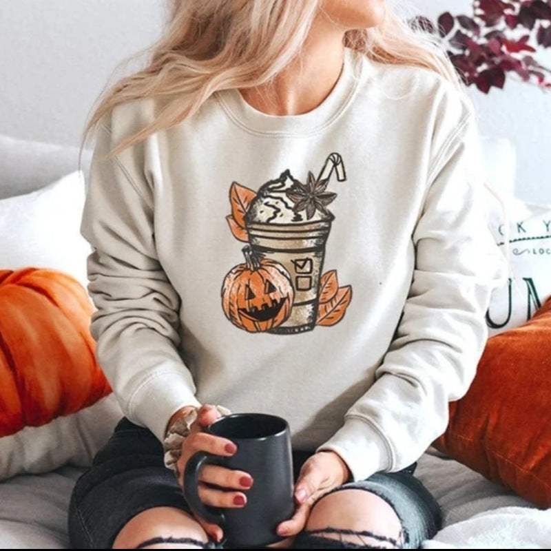 Halloween Pumpkin Print Long Sleeve Casual Sweatshirt