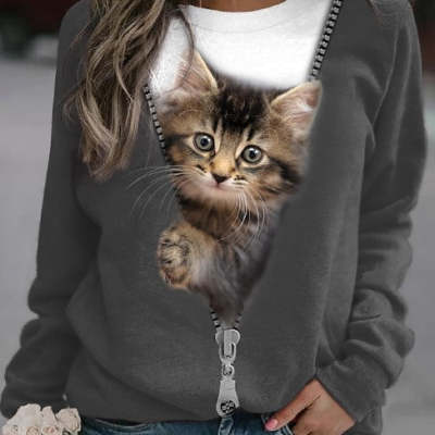 Cute Cat Print Casual Round Neck Pullover Sweatshirt