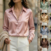 SpringAutumn New Elegant Graceful Long-Sleeve Lapel Solid-Color Satin Shirt For Women