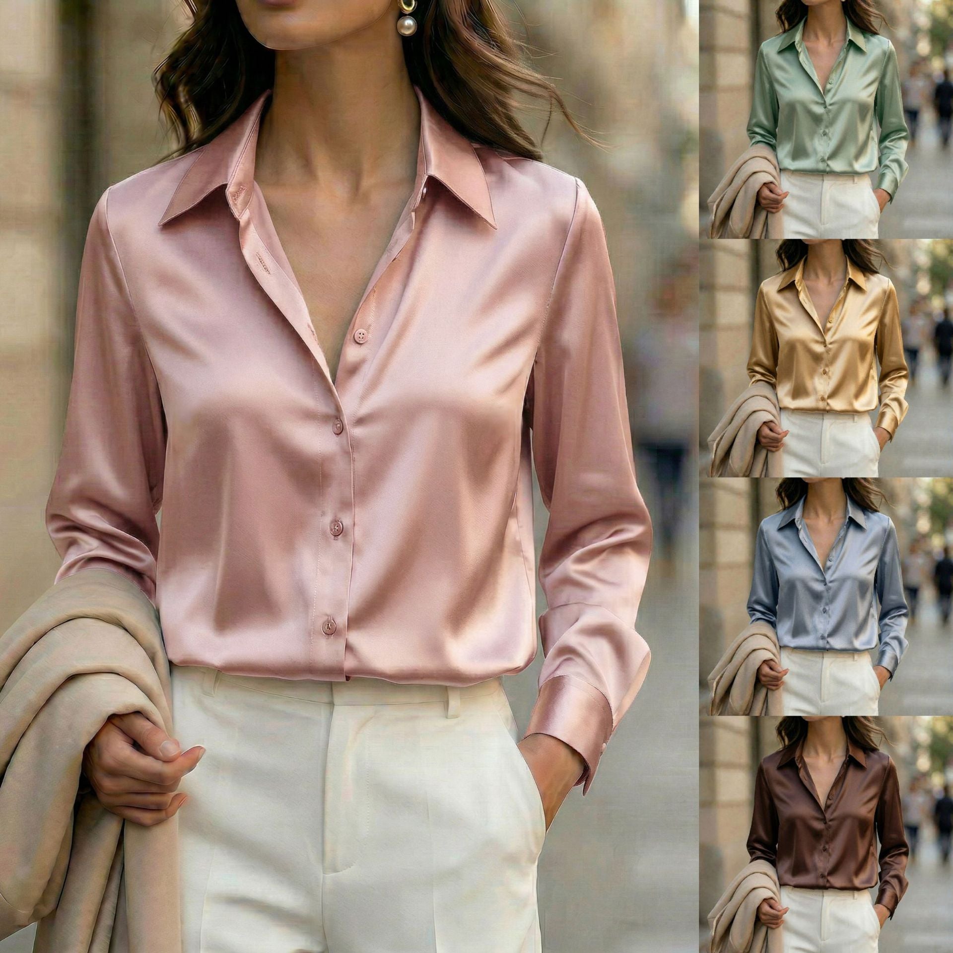 SpringAutumn New Elegant Graceful Long-Sleeve Lapel Solid-Color Satin Shirt For Women
