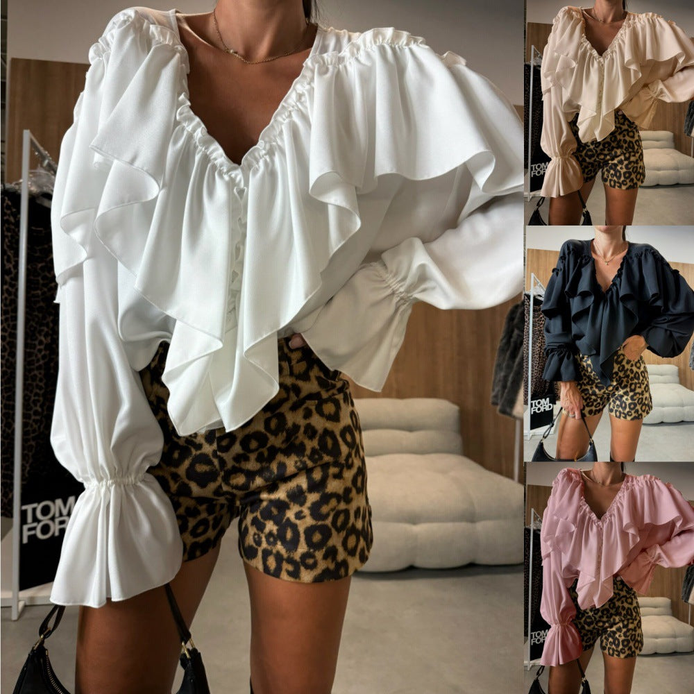 Autumn Stylish V-Neck Long-Sleeve Solid Color Versatile Shirt Top For Women