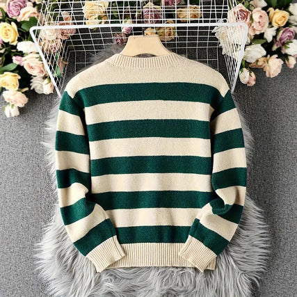 Women's Black and White Striped Knitted Cardigan Loose and Lazy Style High-grade Outer Wear Thick Sweater