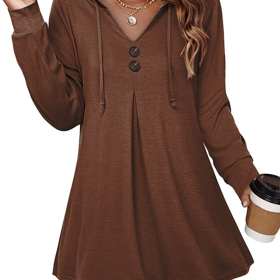 Women's V-Neck Long Sleeve Casual Hooded Pullover Sweater