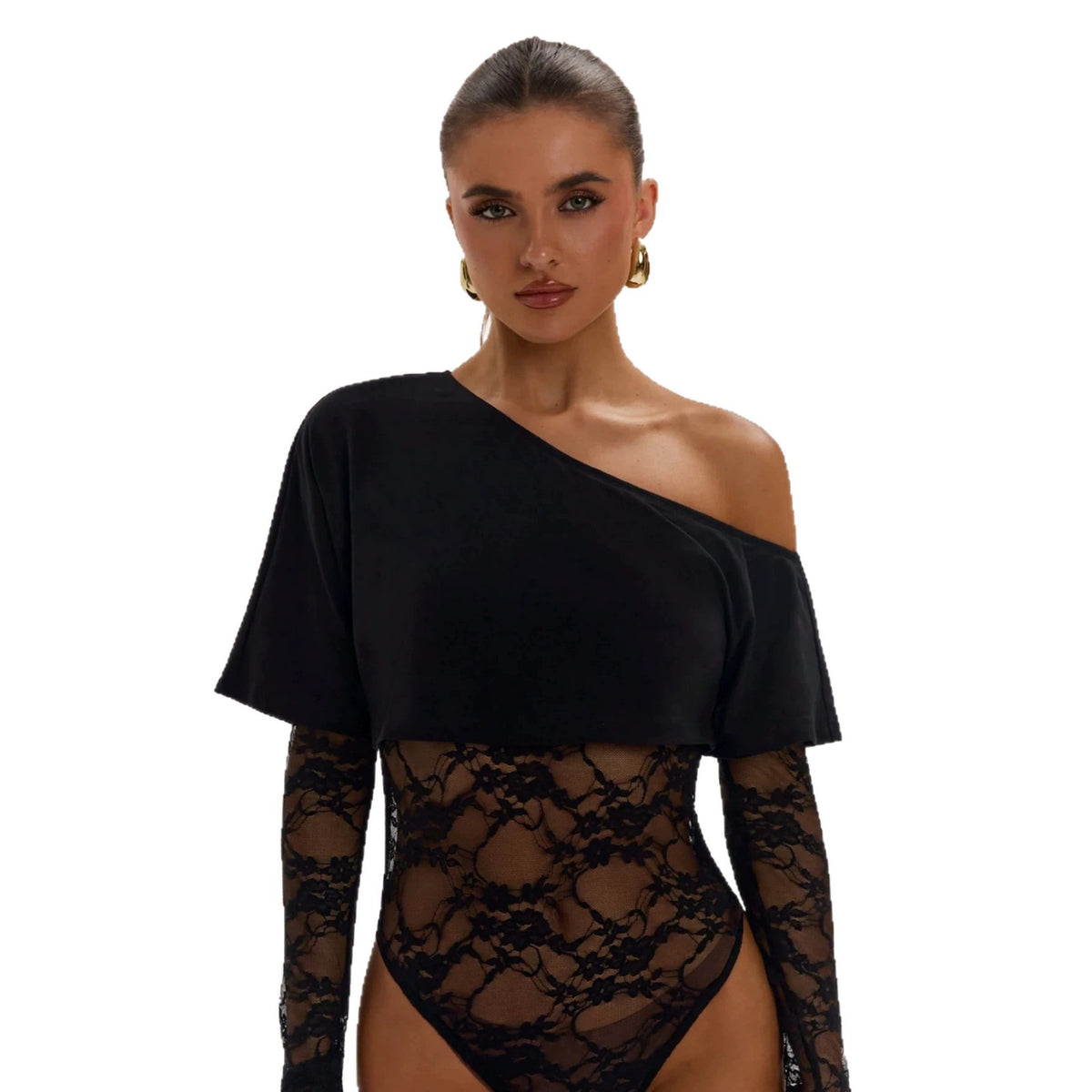 Edgy Lace Midriff-Baring Fitted Bodysuit