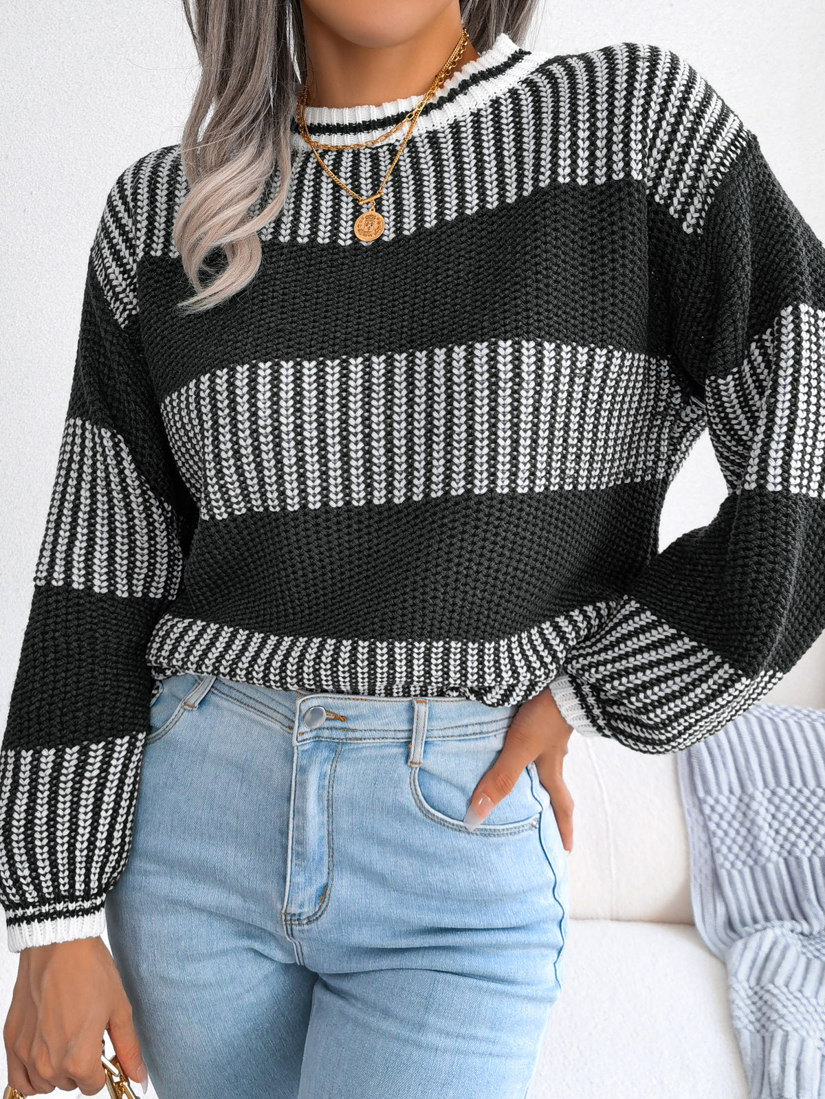 Women Casual Color Block Stripe Long Sleeve Knit Sweater