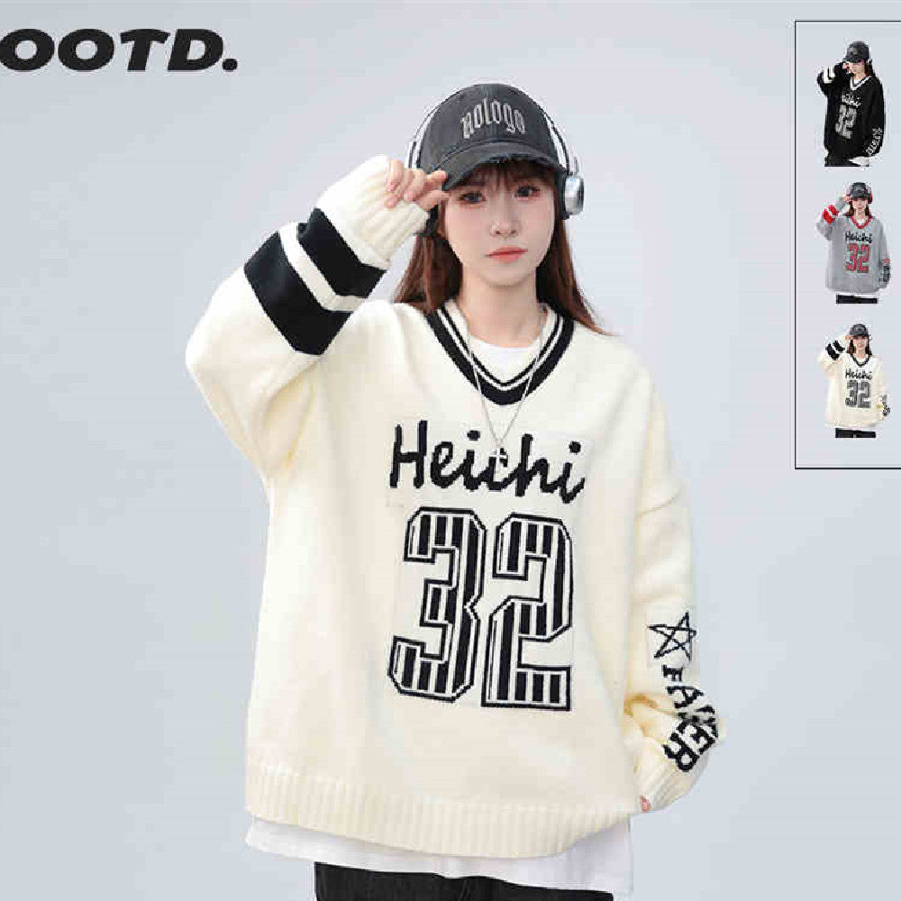 Contrast Color Digital Print Loose Pullover Sweater