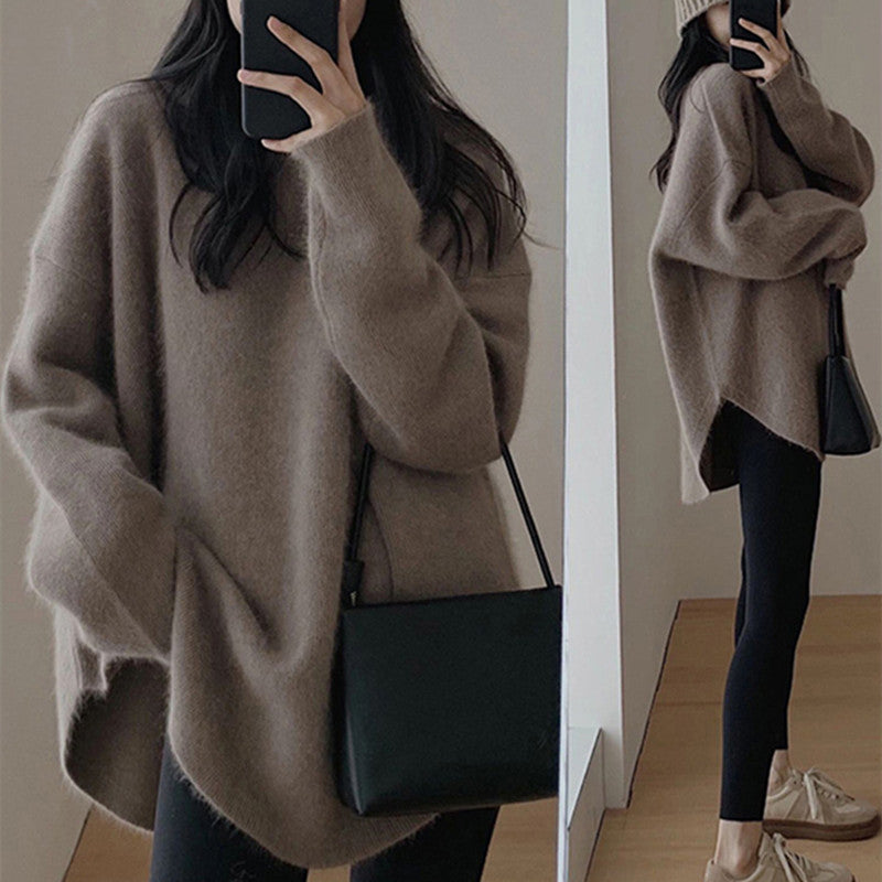 Womens Solid-color Loose-fitting Mid-length Sweater