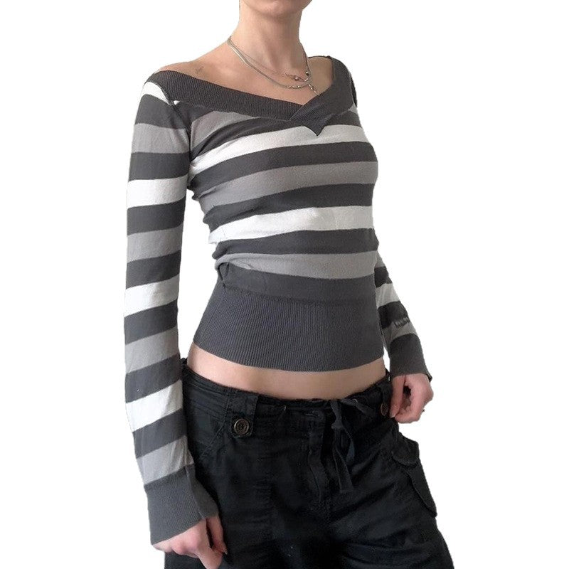 Figure-hugging Long-sleeve Base Sweater with Striped V-neck
