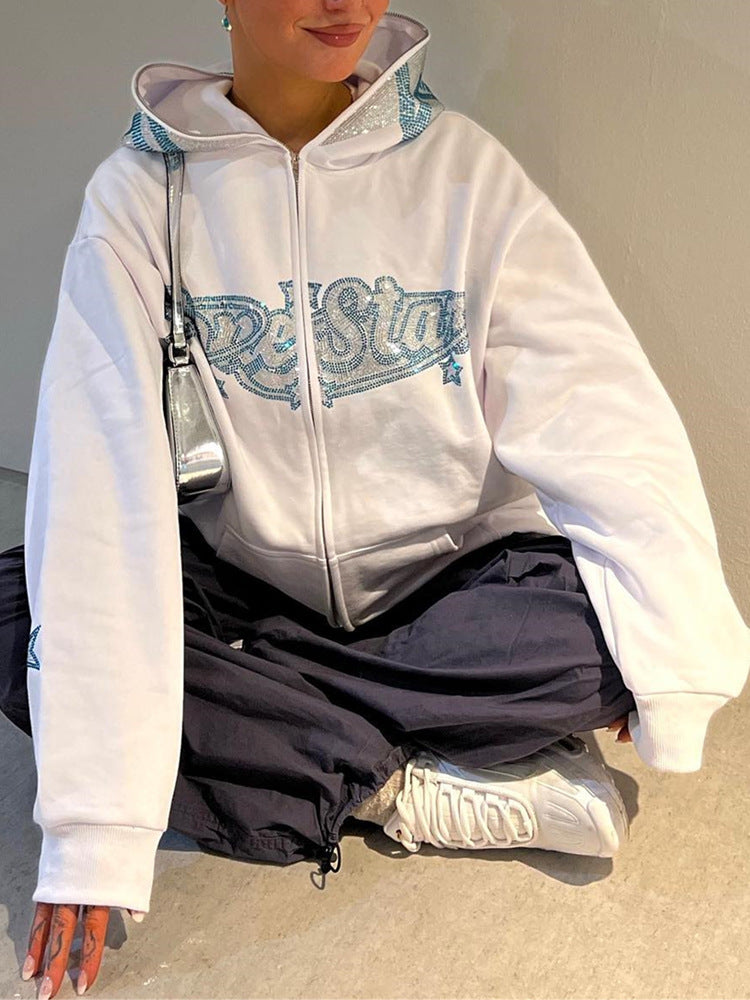 Rhinestone Letter Graphic Loose Sweatshirt