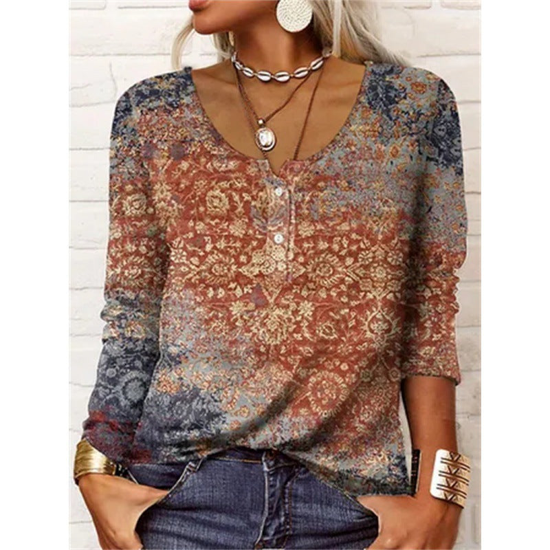Geometric Floral U-Neck Long-Sleeve Button Tee