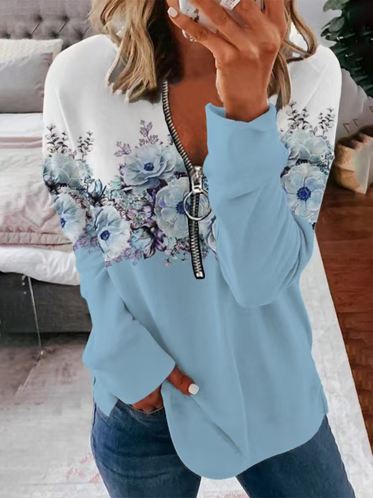 Floral Print Zip-Neck Pullover Sweater