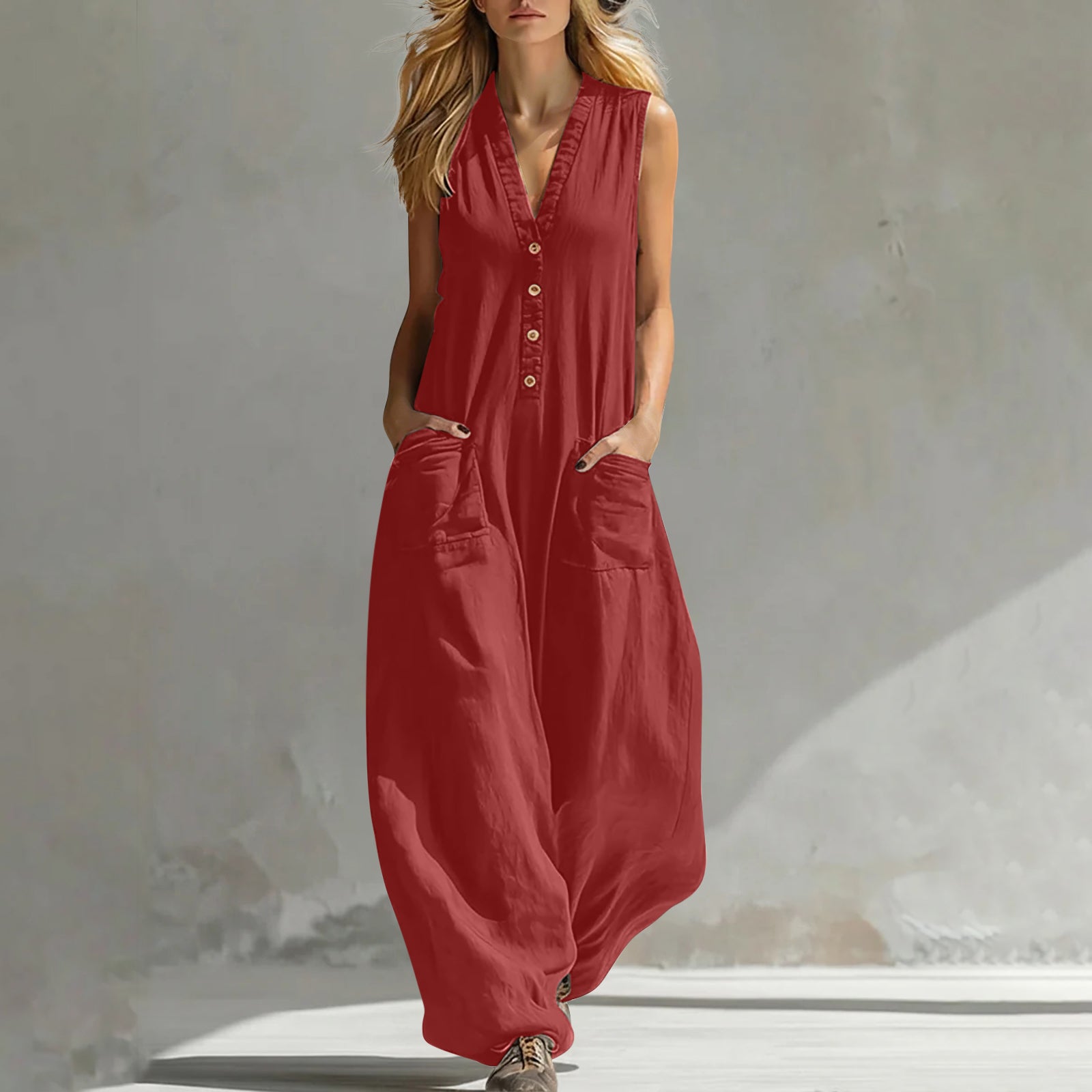 Women's Casual Linen-Cotton Sleeveless Pocket Jumpsuit
