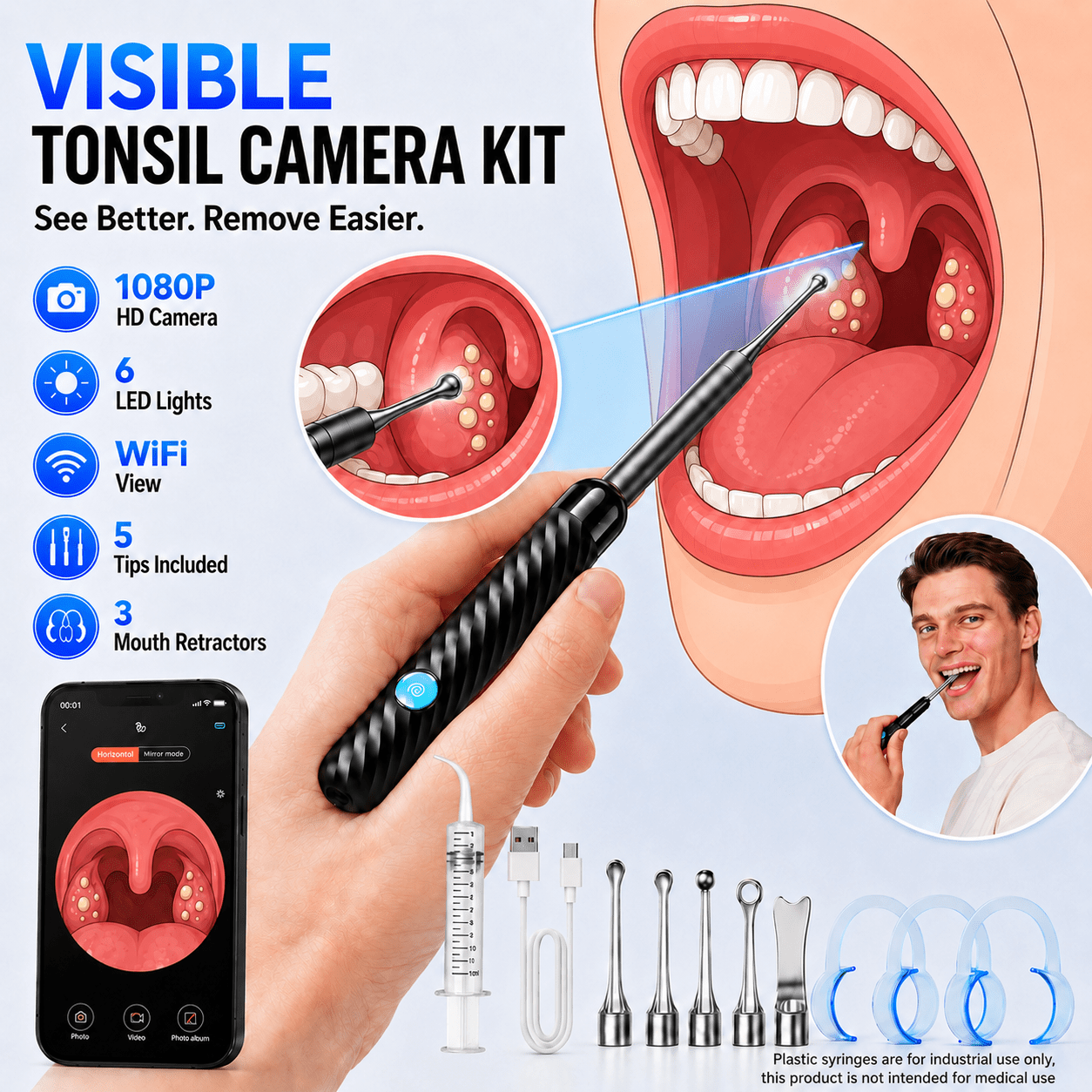 Oral Care Kit with LED Light Tonsil Stone Remover and 5 Attachments