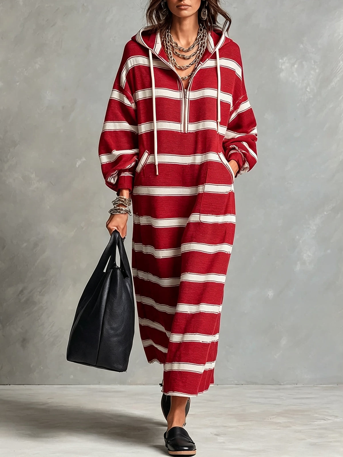 Women's Half-Zip Loose Printed Hoodie Dress
