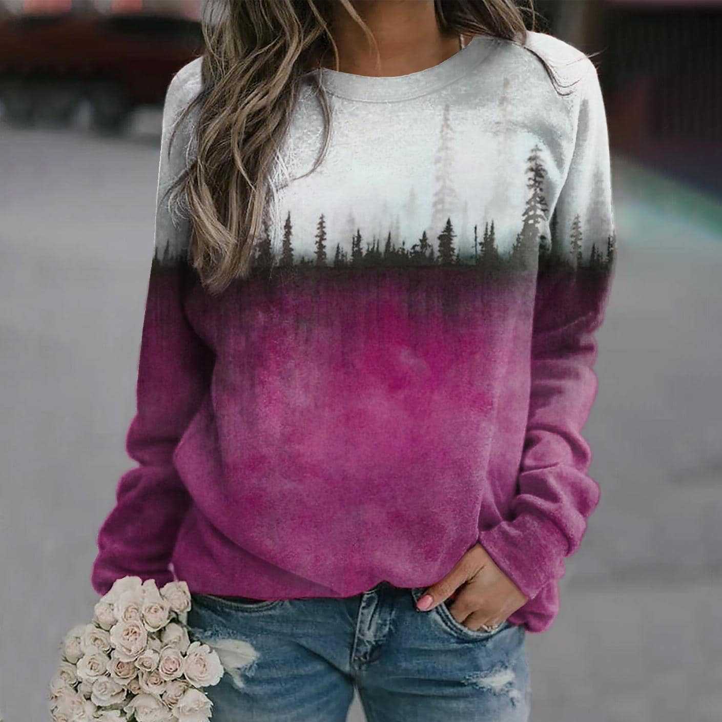 Women's Pine Print Crew Neck Casual Sweatshirt