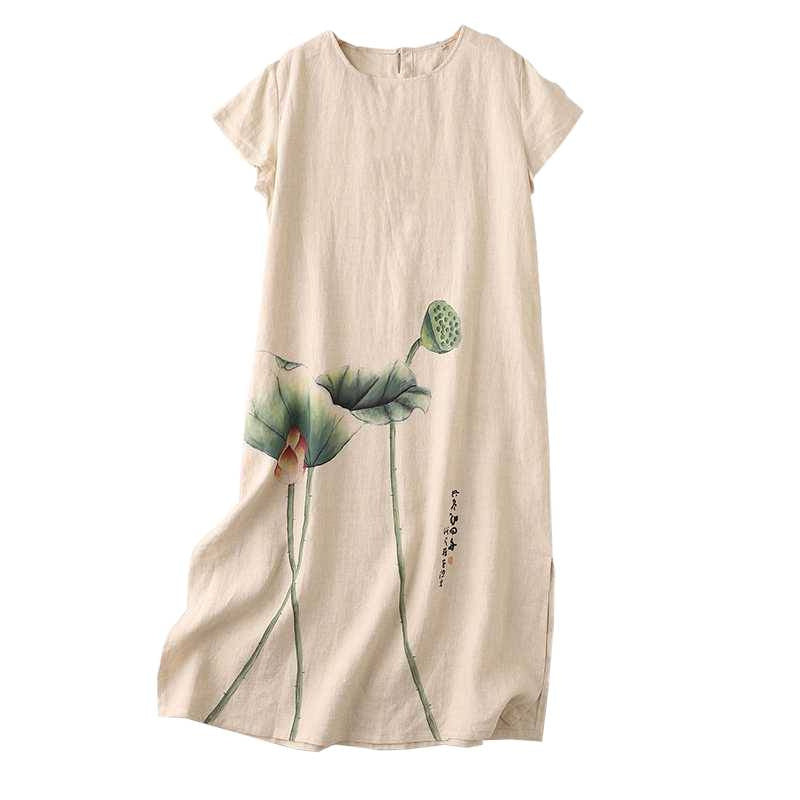 Hand-Painted Lotus Ink-Wash Linen Dress