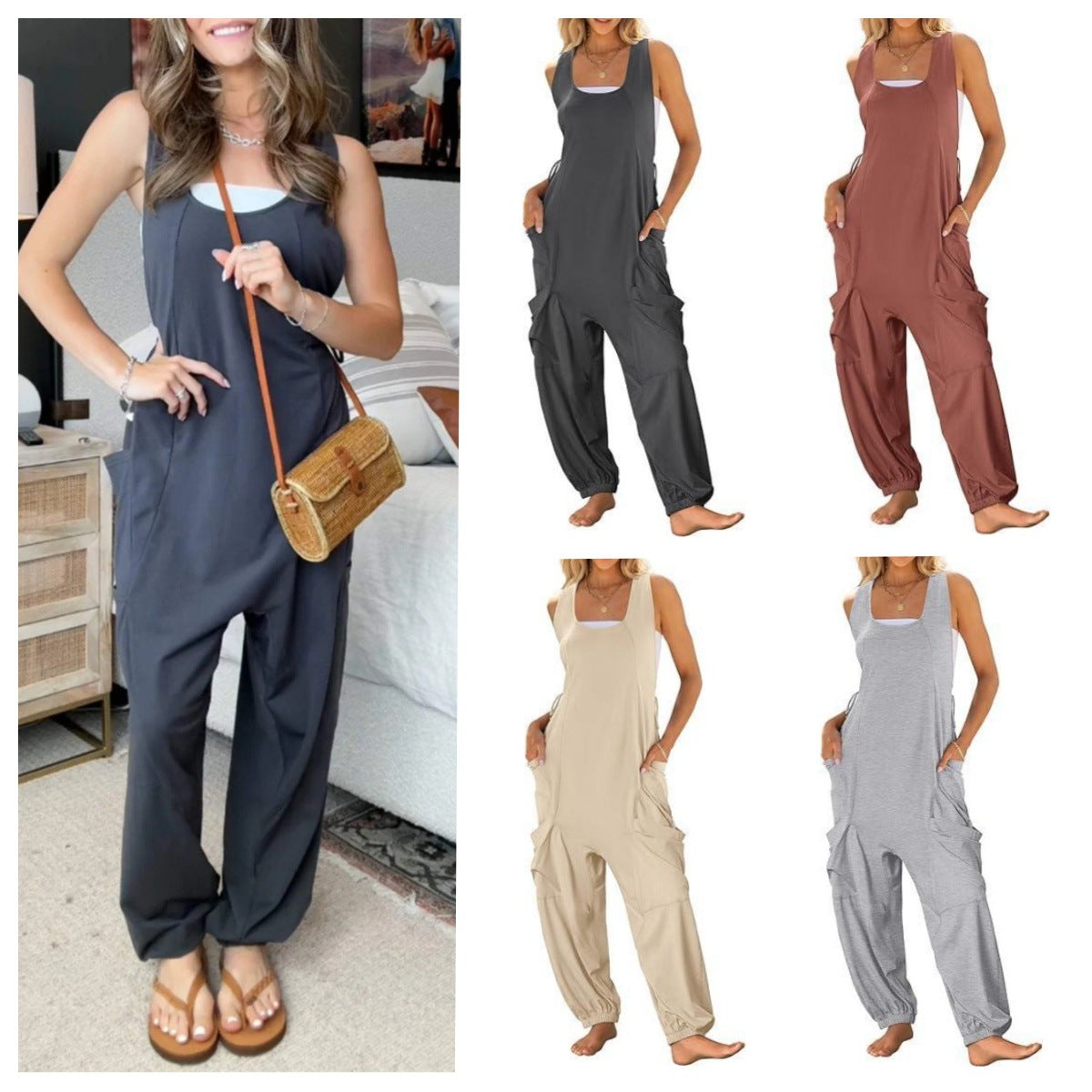 Women's Loose Casual Sling Jumpsuit with Pockets