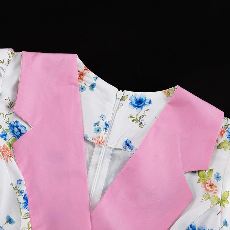 Contrast Lapel Puff Sleeve Floral Print Midi Dress