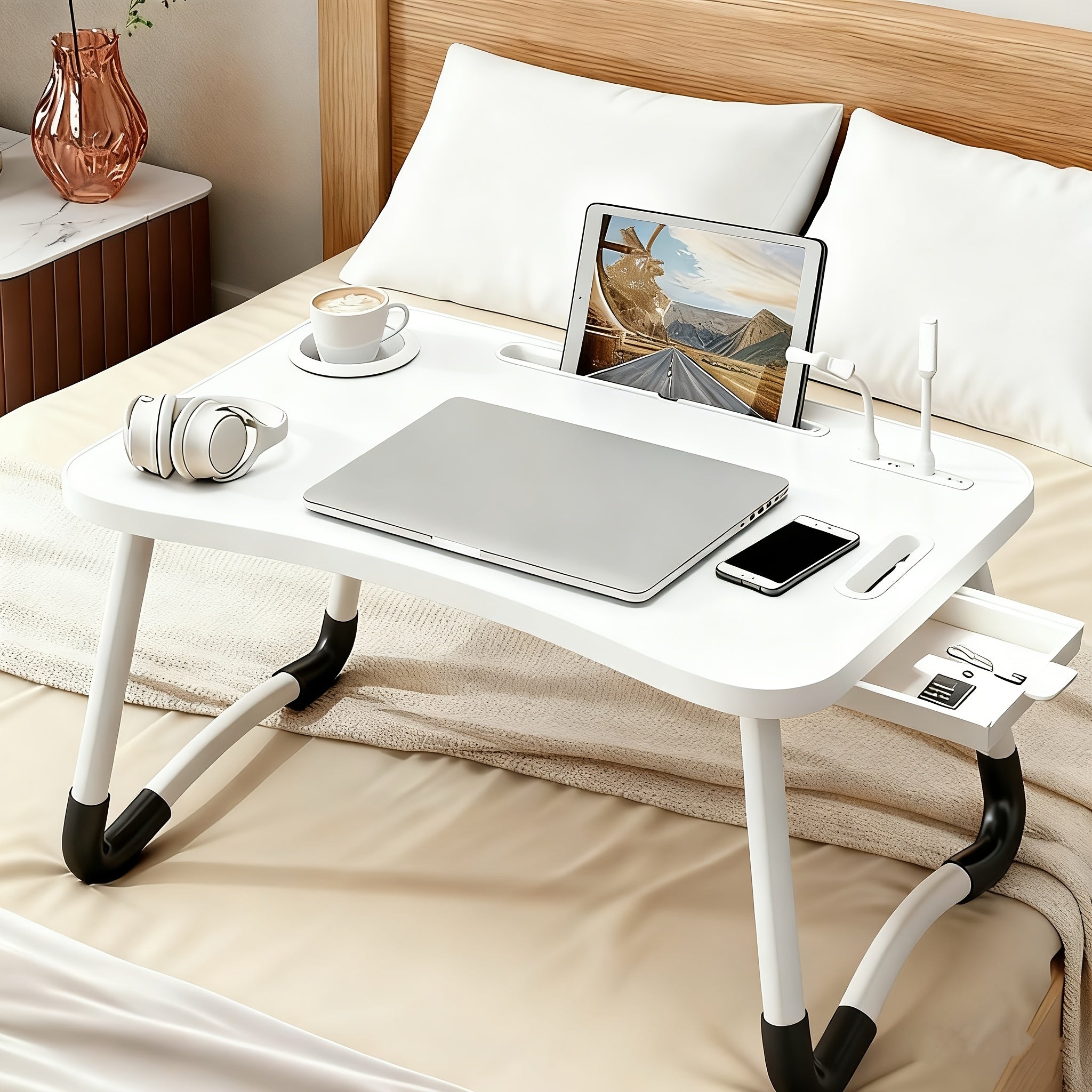Multifunctional Leg Rest Table With Cup Holder And Drawer, USB, Fan, Light - Portable Foldable Tray For Laptop, Breakfast In Bed, Reading And Writing On Sofa/Couch, Laptop Desk On Bed, School Supplies