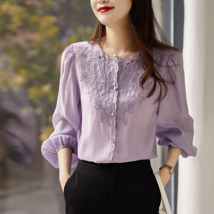 Elegant Style Round Neck Long Sleeve Shirt Lantern Sleeve