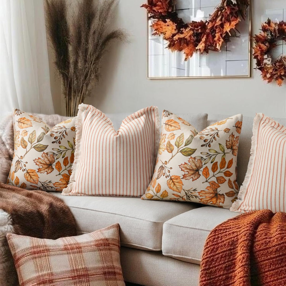 Fall Pillow Covers 2 Pack, 20x20 Inch Maple Leaf Cotton Cushion Cases for Sofa, Couch, Bed and Autumn Home Decor