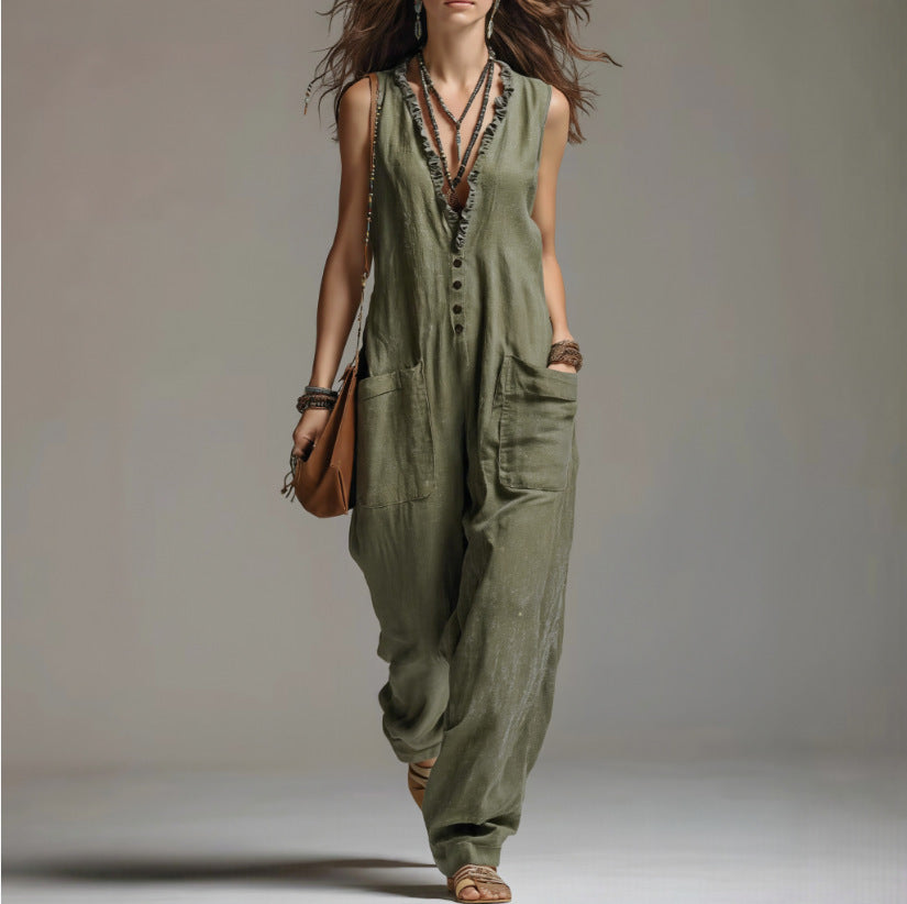 Womens Solid-color Lace Jumpsuit