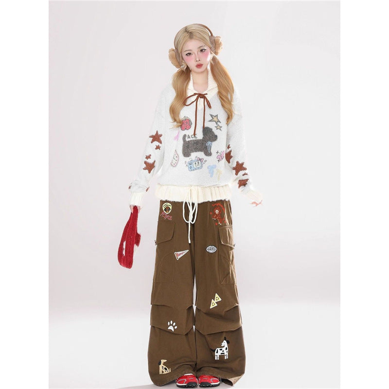 Sweet Puppy Embroidery Sweater Coat for Women Relaxed-style Knitted Top