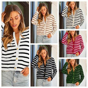Round Neck Gold Button Cardigan Sweater Striped Knit Jacket Women's Top