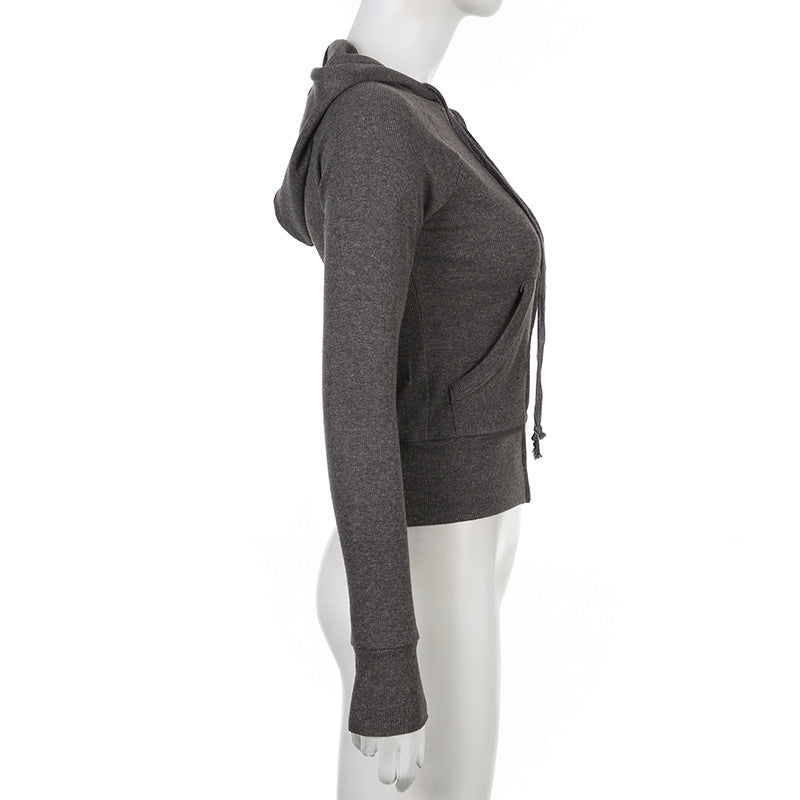 Women's Gray Ribbed Hooded Zip-Up Short Cardigan Sweater