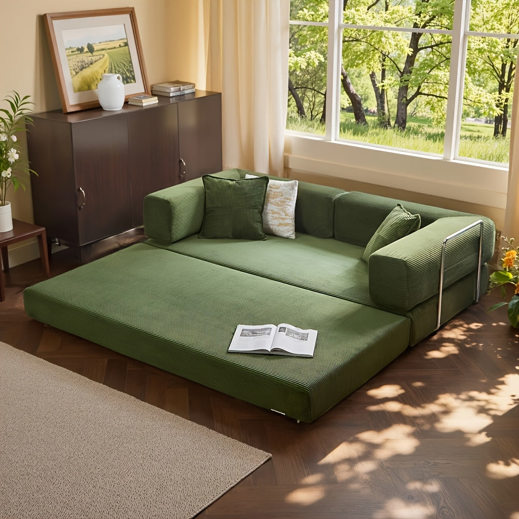 Modular L-shaped chaise longue sofa bed with deep seat and corduroy upholstery
