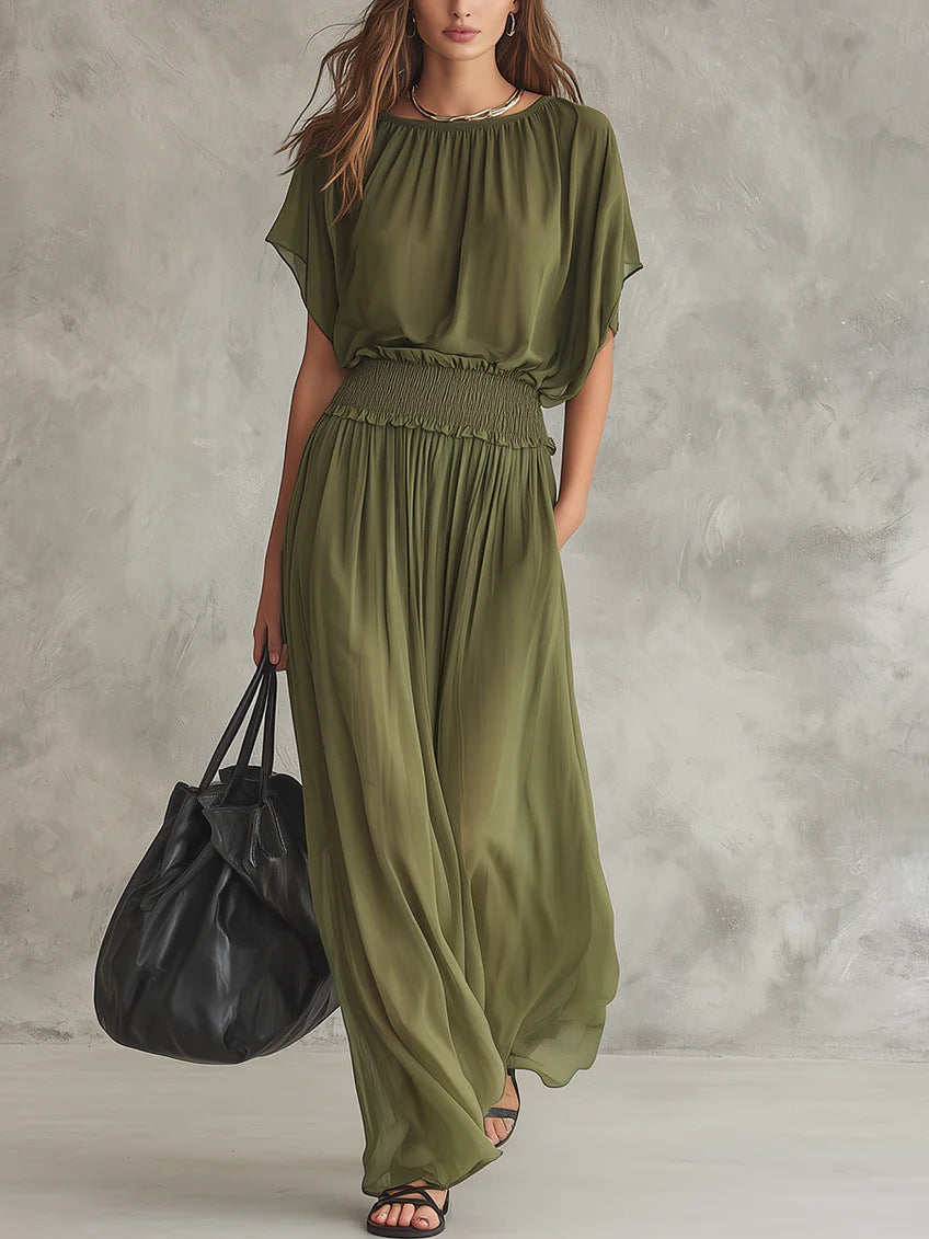 Elegant Draped Waist Flowing Summer Long Dress