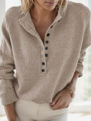 Loose Collar Decorated with Buttons Raglan Sleeve Knitted Pullover Women's Plus Size Sweater