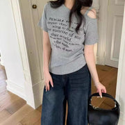 Trendy Korean Off‑Shoulder Letter Print Tee – Slim Fit