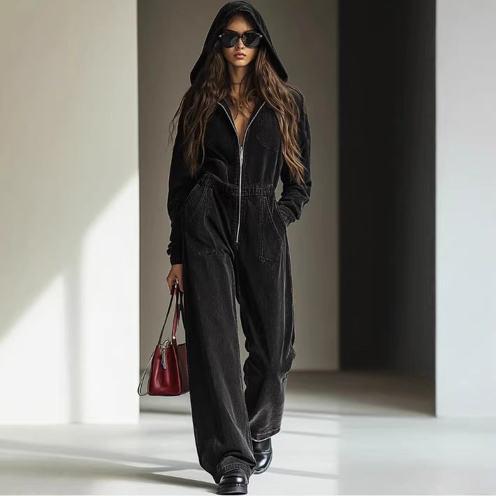 Retro Denim Hooded Jumpsuit with Elastic Waist