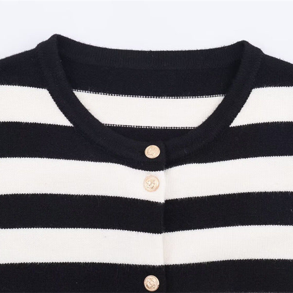 Black and White Striped Knitted Cardigan for Women