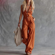 Chic V-Neck Sleeveless Button-Front Casual Jumpsuit