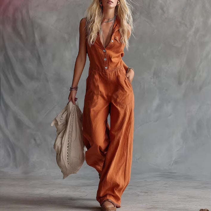 Chic V-Neck Sleeveless Button-Front Casual Jumpsuit