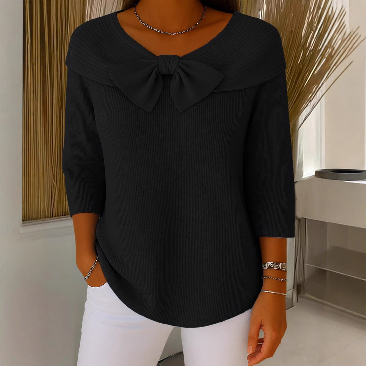 Knitted Bow Solid Color Sweater Autumn and Winter