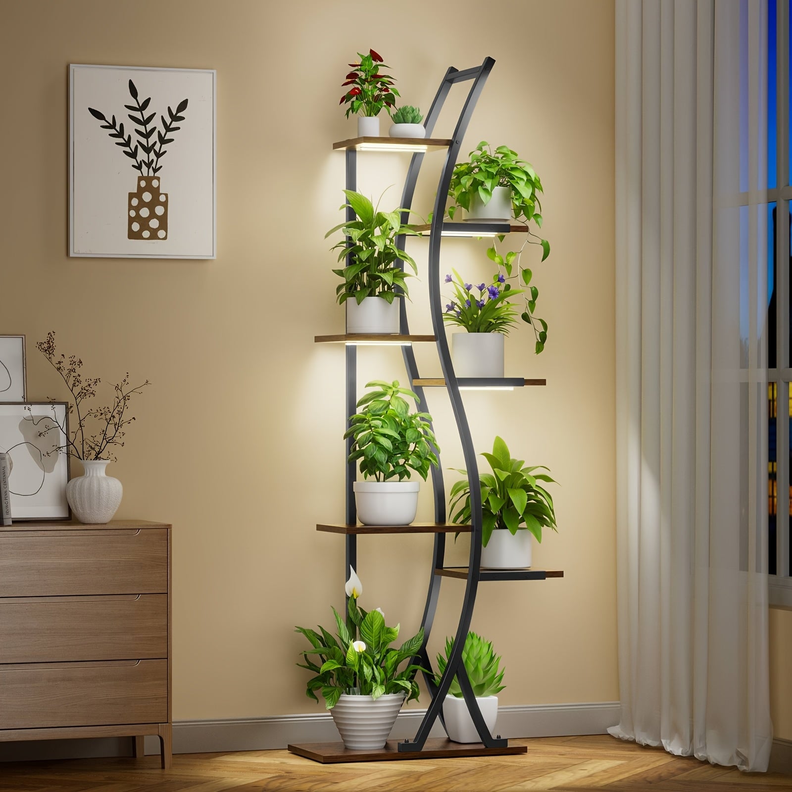 62" Tall 7 Tiered Indoor Plant Stand With LED Grow Lights, Corner Shelves With A Sturdy Metal Frame And Thick Wooden Board, Suitable For Corner Various Plants Storage, Suitable For Living Rooms…